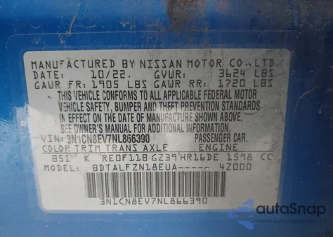 2022 Nissan Versa 1.6 Sv Xtronic Cvt z USA, uszkodzony, nr VIN 3N1CN8EV7NL866390